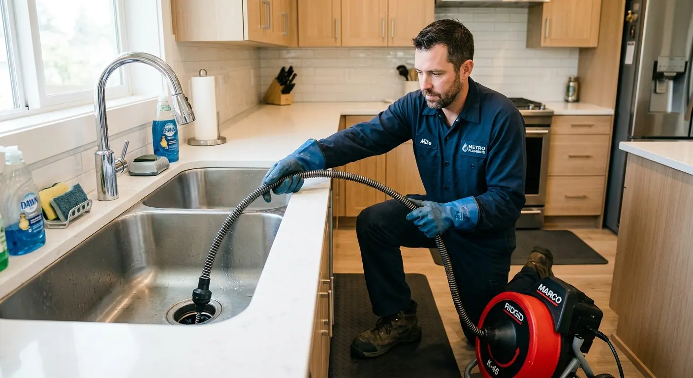 Drain cleaning technician using a motorized snake on a kitchen sink in Monfort Heights