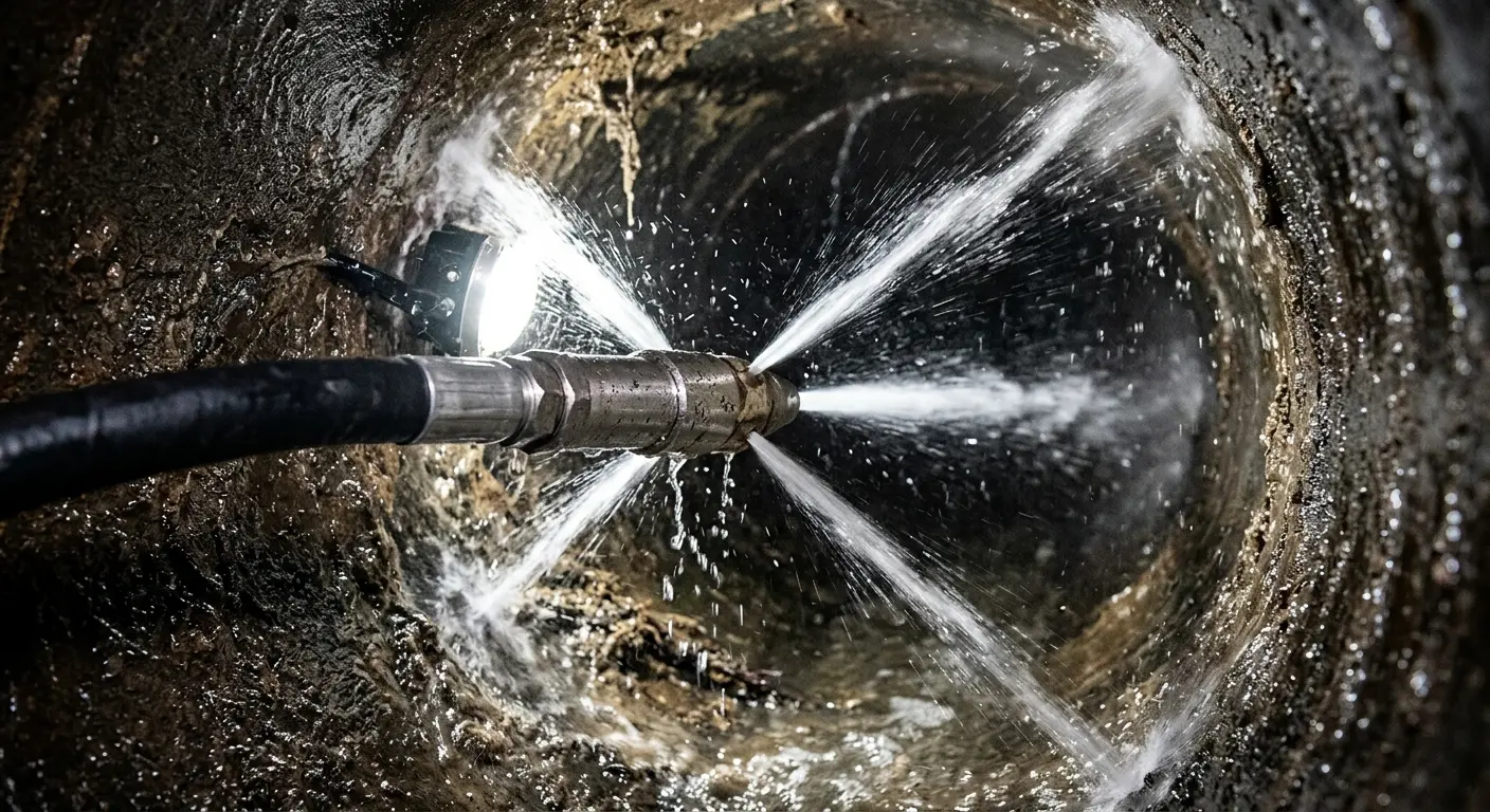 High-pressure hydro jetting nozzle cleaning sewer pipe for Emergency Drain Service in Monfort Heights