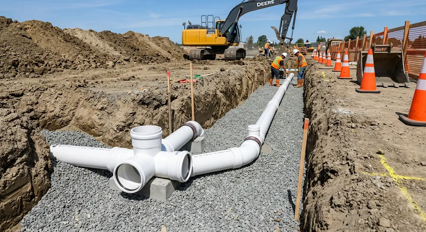 New PVC sewer pipe installation in open trench for Sewer Backup in Monfort Heights