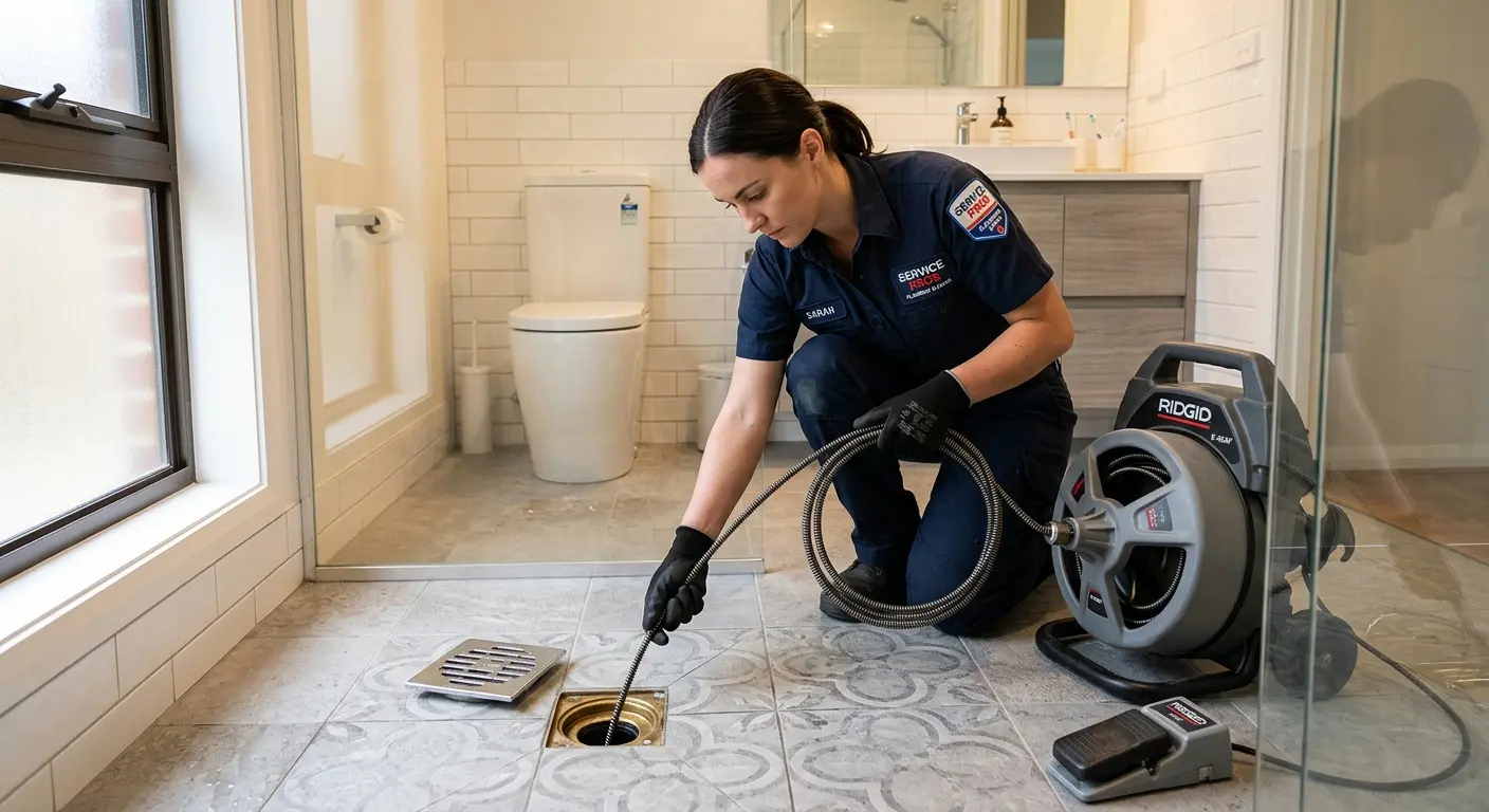 Technician clearing a bathroom floor drain for Sewer Line Replacement in Monfort Heights